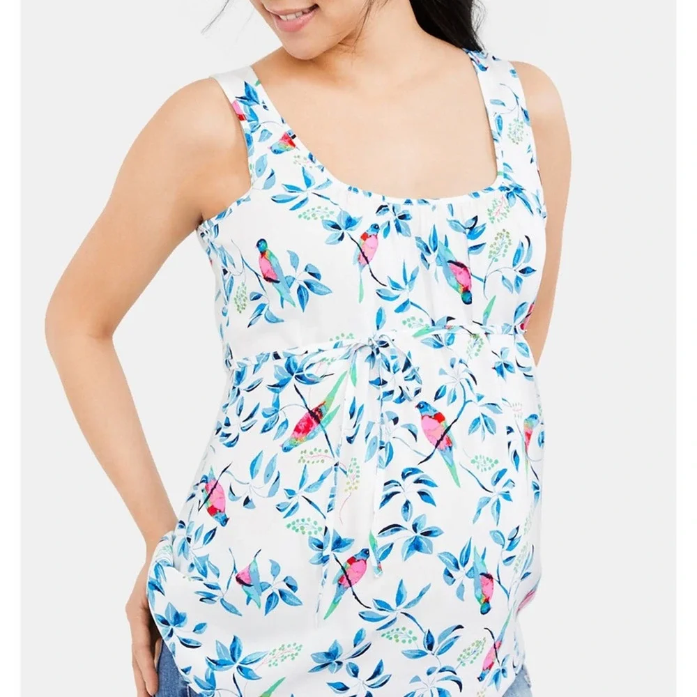 Motherhood Maternity Navy & Pink Floral Printed Babydoll Tie Waist Top Medium - Picture 9 of 9